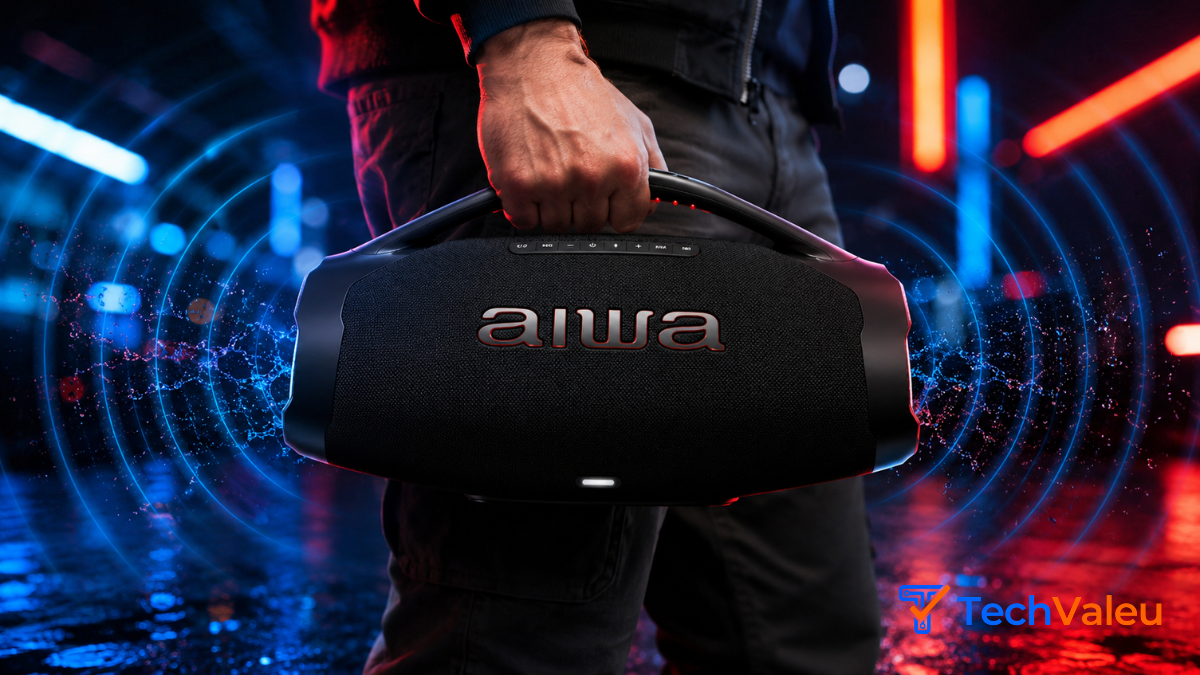 Visão laterais da caixa de som portátil preta Aiwa Boombox Plus AWS-BBS-01-B de 200W RMS.