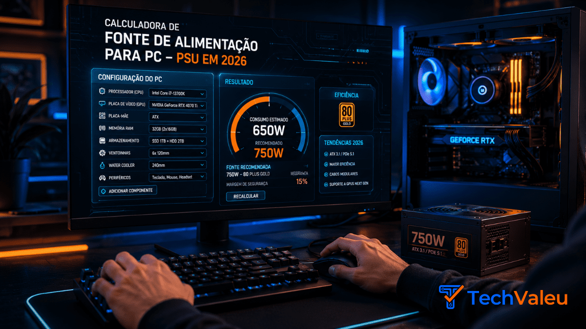 A ferramenta mais completa para dimensionar sua fonte de PC. Calcule o consumo de processadores AMD/Intel, GPUs Nvidia/Radeon, memórias e periféricos com precisão.