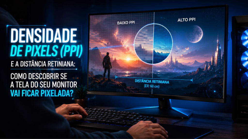 Calculadora de Pixels (PPI) e a Distância Retiniana 2026 4 Monitor premium com alta densidade de pixels PPI e nitidez de ecrã