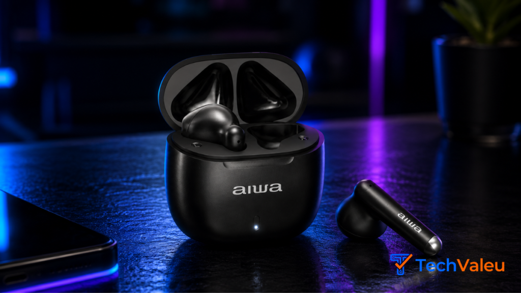 Fone de Ouvido Eardbud AIWA Vale a Pena em 2026? 4 Fone de ouvido earbuds AIWA AWS-EB-05-B preto com case de carregamento sobre fundo iluminado de tecnologia.
