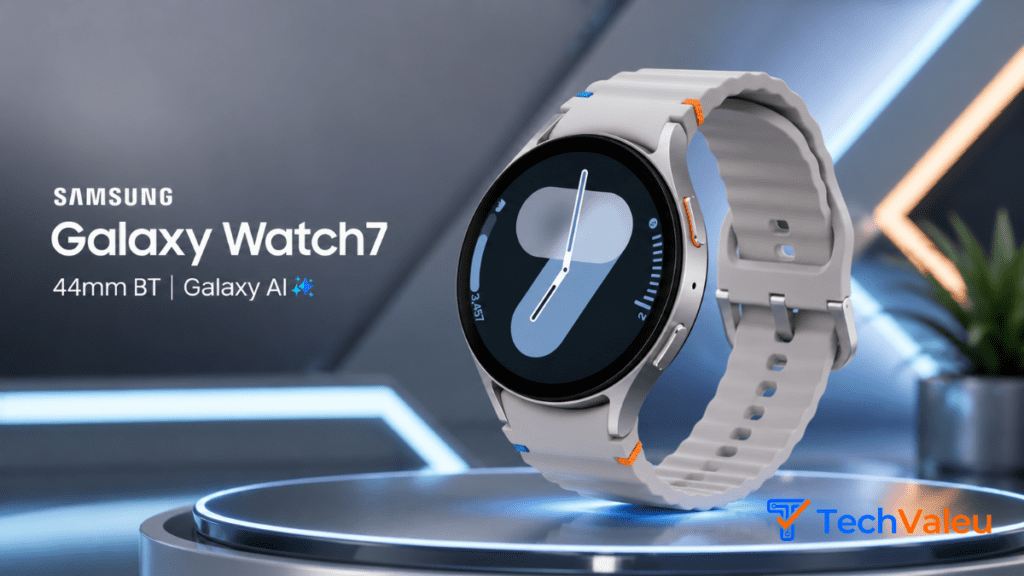Samsung galaxy watch7 vale a pena em 2026? 4 Close do sensor BioActive na traseira de alumínio do Galaxy Watch7 em esposição.