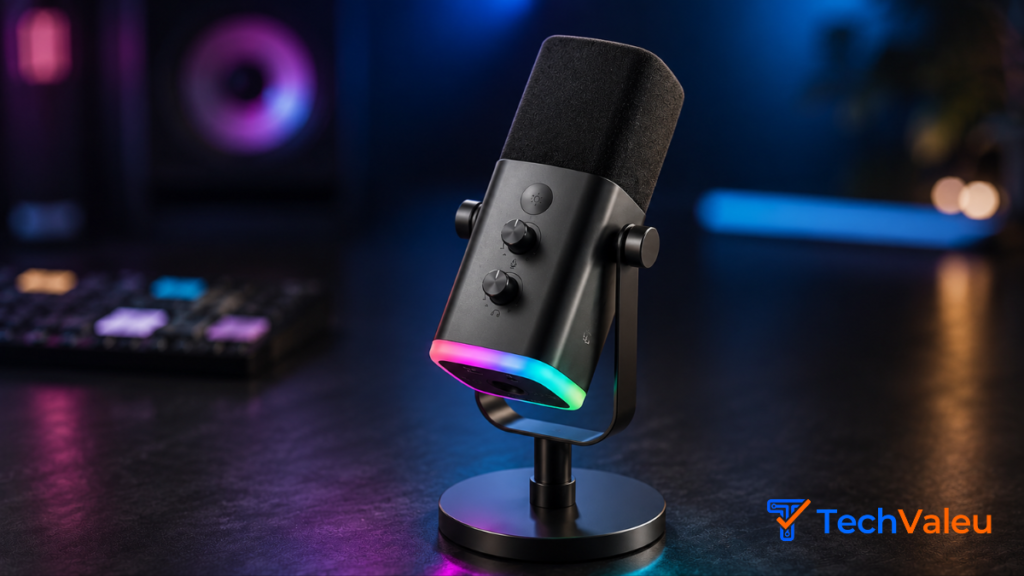 Microfone Fifine AM8 é Bom? Análise Completa para Streamers e Criadores 4 Captura de tela aproximada ou detalhe dos botões giratórios de ganho de microfone fifine am8 e controle de monitoramento, destacando a textura fosca preta do chassi.