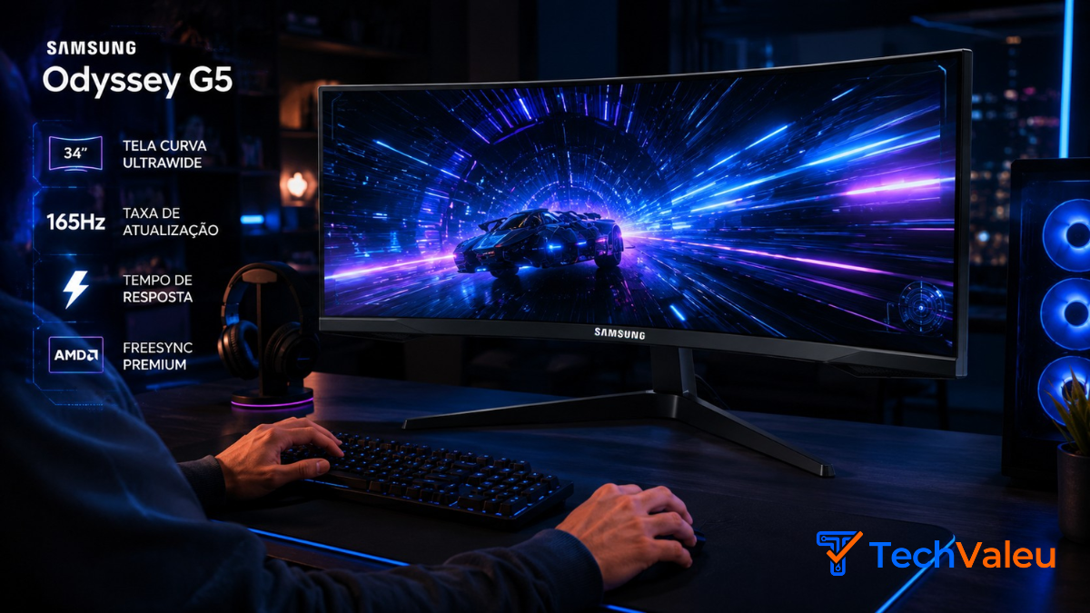 Samsung Odyssey G5 34" Curvo em setup gamer