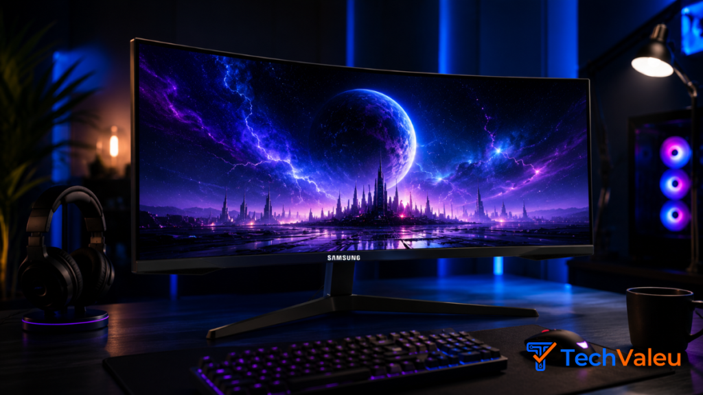 Samsung Odyssey G5 Curvo, Vale a Pena em 2026? 4 monitor gamer Samsung Odyssey G5 34" Ultrawide). Descubra a performance de 165Hz, teste de curvatura 1000R e requisitos reais de GPU.