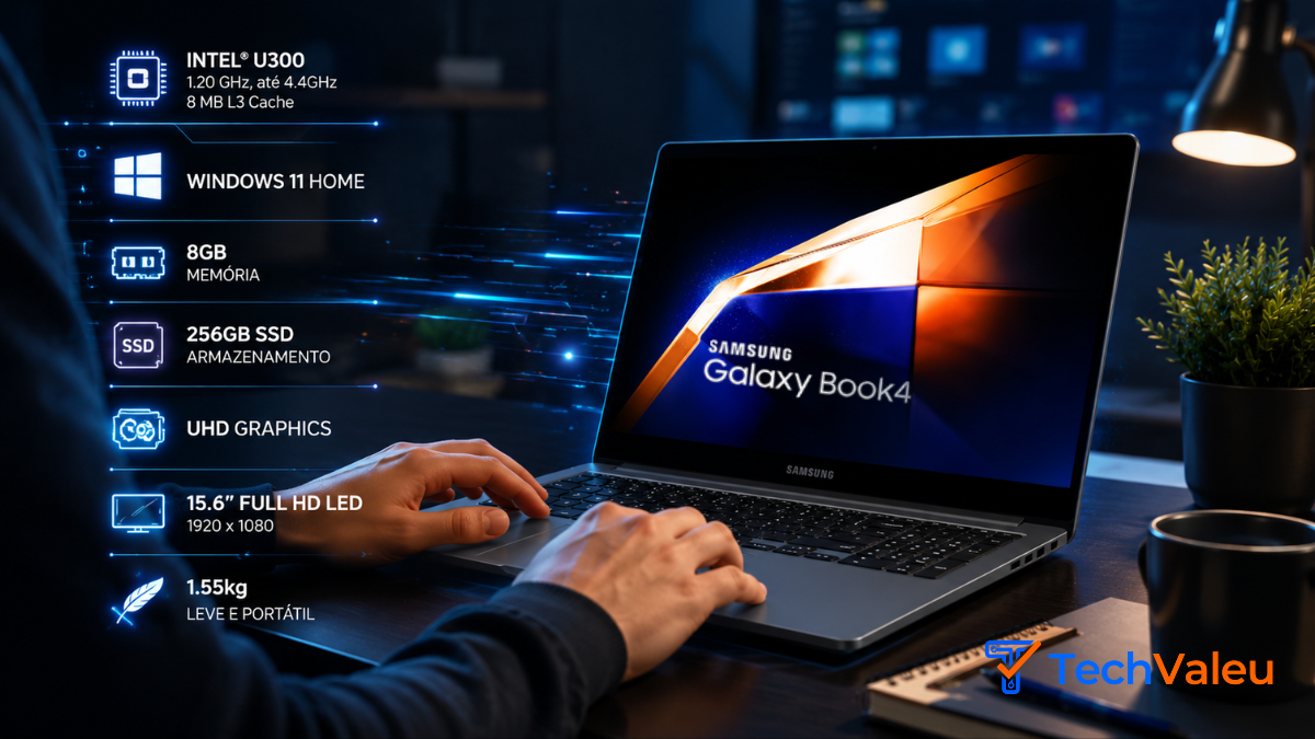 Notebook Samsung Galaxy Book4 NP750XGJ-KG7BR aberto mostrando tela Full HD de 15,6 polegadas durante análise completa do produto.