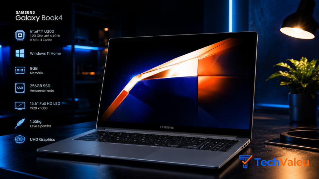 Samsung Galaxy Book4 Vale a Pena em 2026? 4 Imagem do Samsung Galaxy Book4 NP750XGJ-KG7BR utilizado em nossa análise completa. O notebook possui processador Intel U300, tela IPS Full HD, SSD NVMe de 256GB e integração com dispositivos Galaxy.