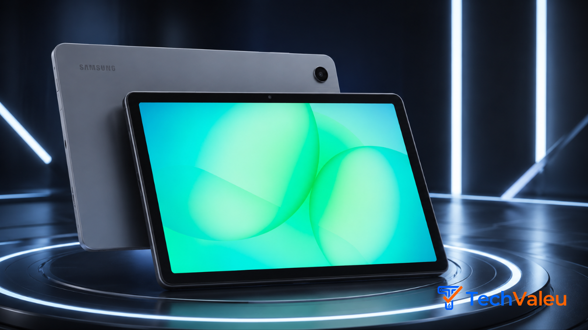 Samsung Galaxy Tab A11+ 5G 128GB cinza em exposição com tela de 11 polegadas em ambiente tecnológico futurista
