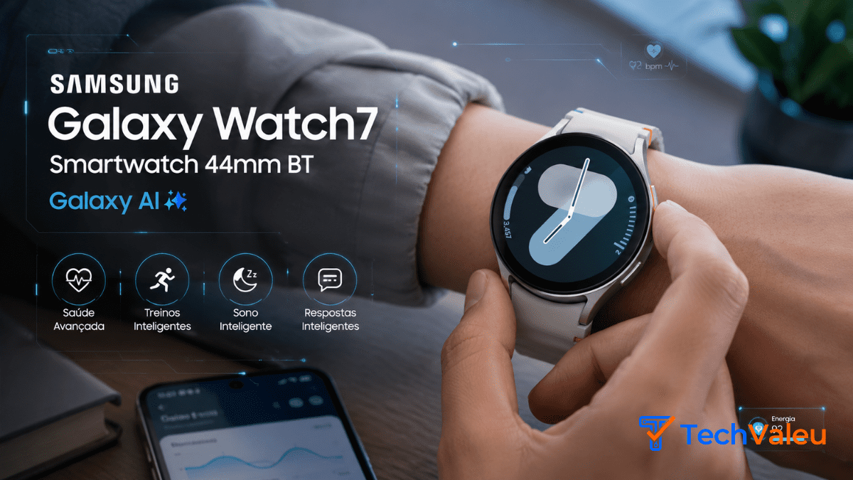 Smartwatch Samsung Galaxy Watch7 44mm BT na cor verde exibindo a tela principal com o Índice de Energia da Galaxy AI