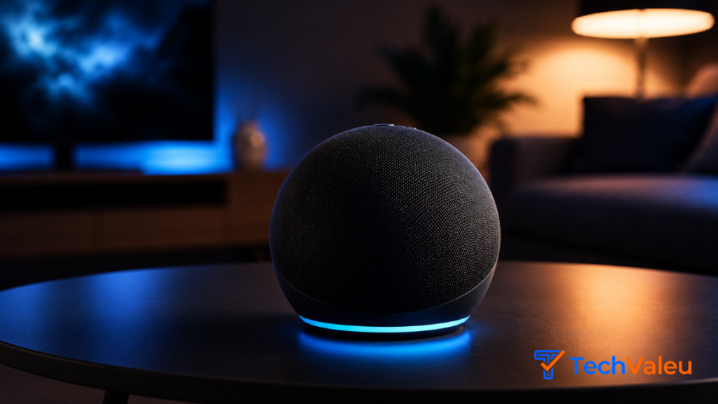 Echo Dot 5ª Geração Preto posicionado em uma mesa de cabeceira moderna de madeira.