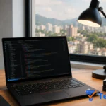 Ambiente de home office moderno com notebook ThinkPad exibindo código no Visual Studio Code programa em modo escuro ao lado de luminária de mesa minimalista.