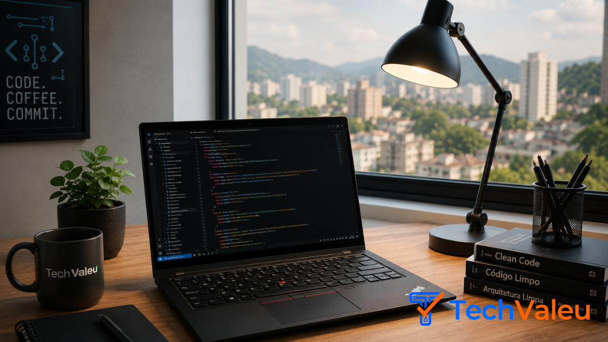 Ambiente de home office moderno com notebook ThinkPad exibindo código no Visual Studio Code programa em modo escuro ao lado de luminária de mesa minimalista.