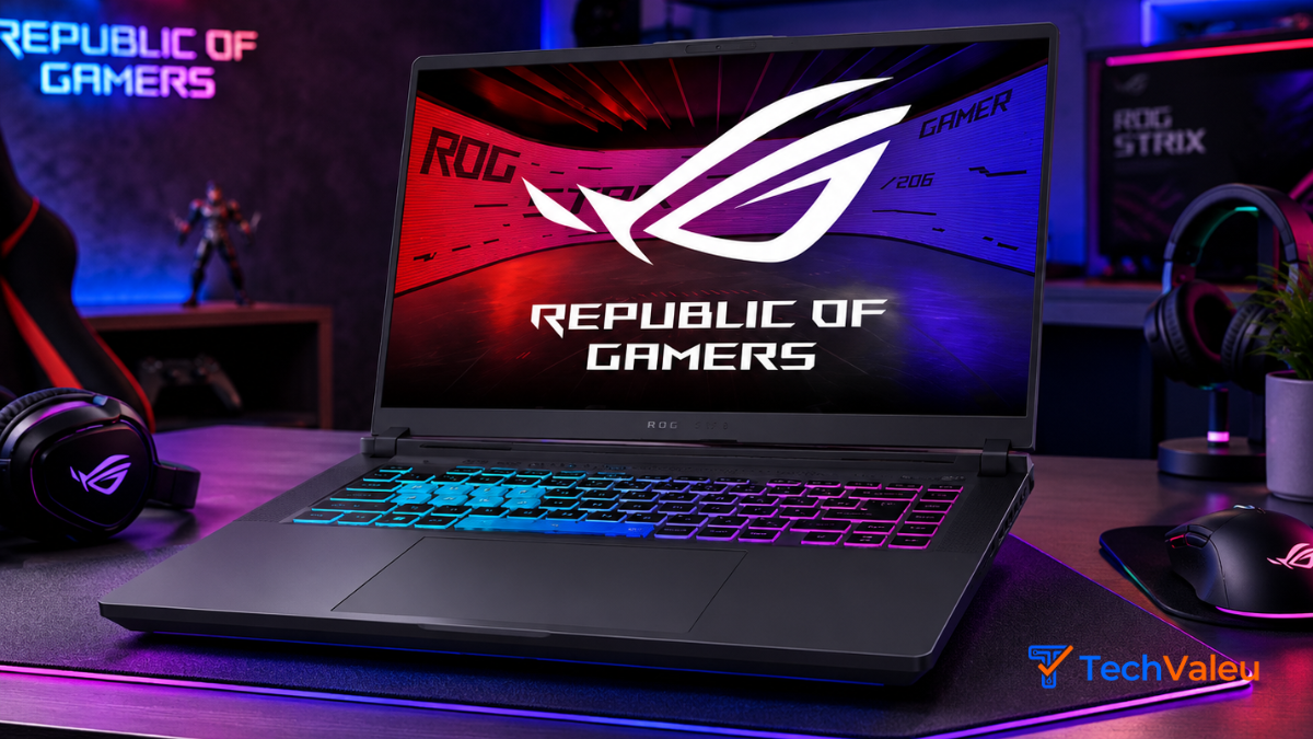 Notebook ASUS ROG Strix G16 processando renderização pesada de gráficos 3D em ambiente de engenharia de alta performance.