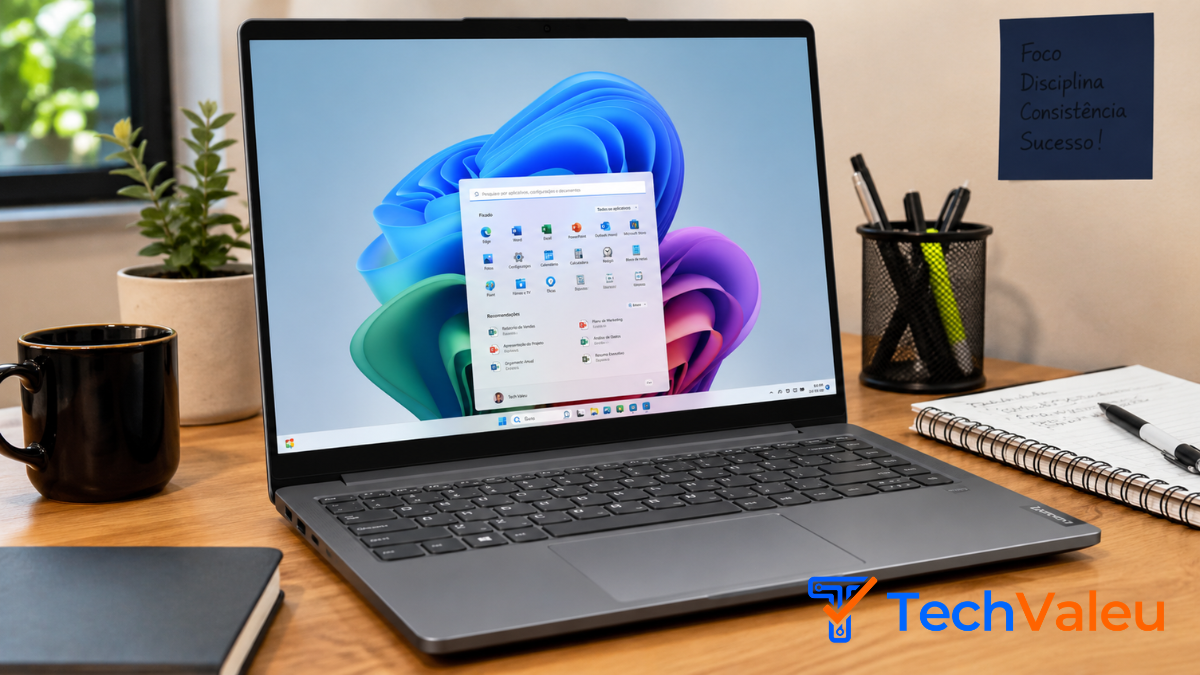 Notebook bom e barato para estudar e trabalhar em 2026 em ambiente de home office, ideal para produtividade, aulas online e tarefas do dia a dia.