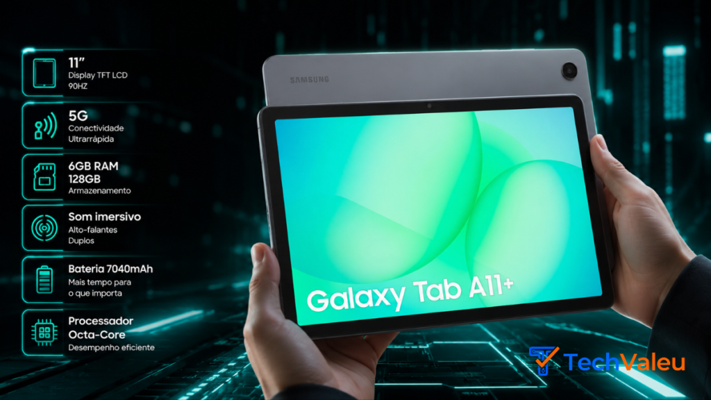 Samsung Galaxy Tab A11+ 5G vale a pena em 2026? 2 Imagem promocional do Samsung Galaxy Tab A11+ 5G na cor cinza, exibido em uma plataforma futurista com iluminação tecnológica.