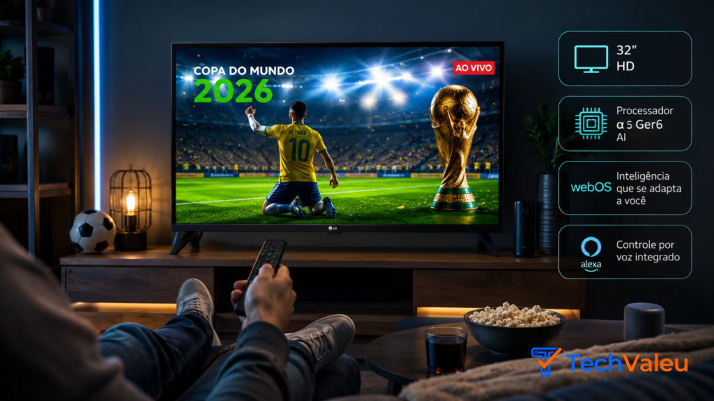 Smart TV LG HD de 32 polegadas LR60 2024 para ver a copa do mundo 2 Foto frontal da Smart TV LG 32LR600BPSA ligada em um painel de quarto, transmitindo a imagem brilhante de um estádio de futebol moderno.