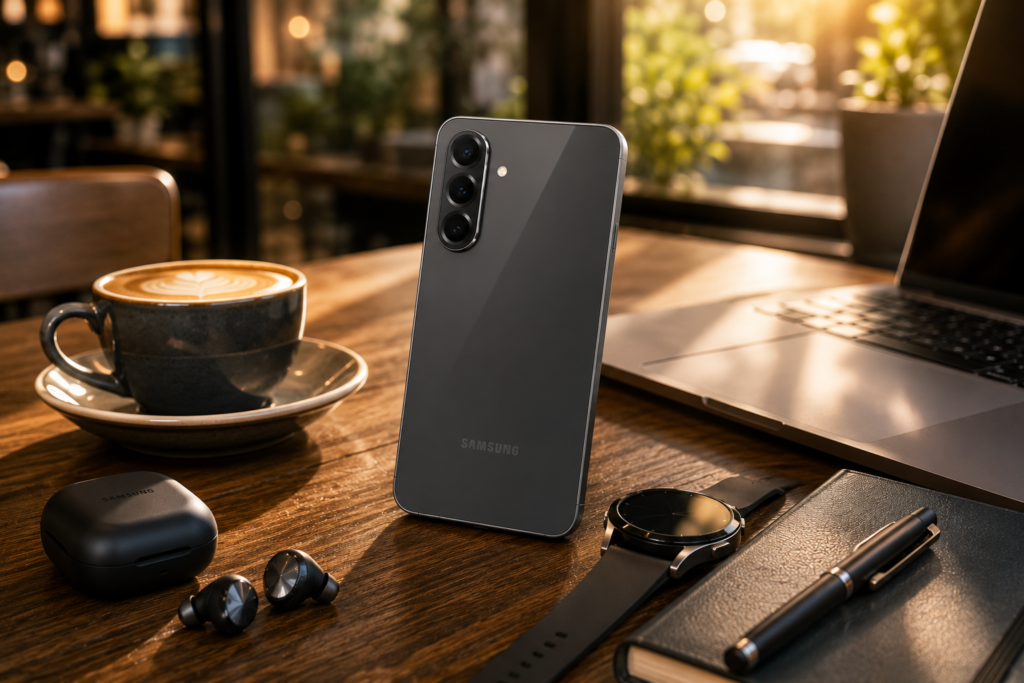 Samsung Galaxy A56 Vale a Pena em 2026? 4 Galaxy A56 apoiado sobre uma mesa de cafeteria.
