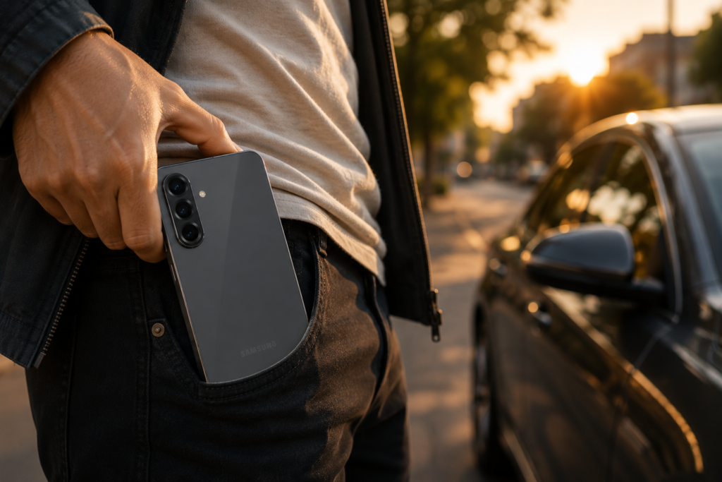 Samsung Galaxy A56 Vale a Pena em 2026? 2 A imagem mostra o Galaxy A56 em um momento de uso cotidiano, com iluminação dourada e foco total no smartphone, criando um visual premium ideal para uma imagem destacada de tecnologia.