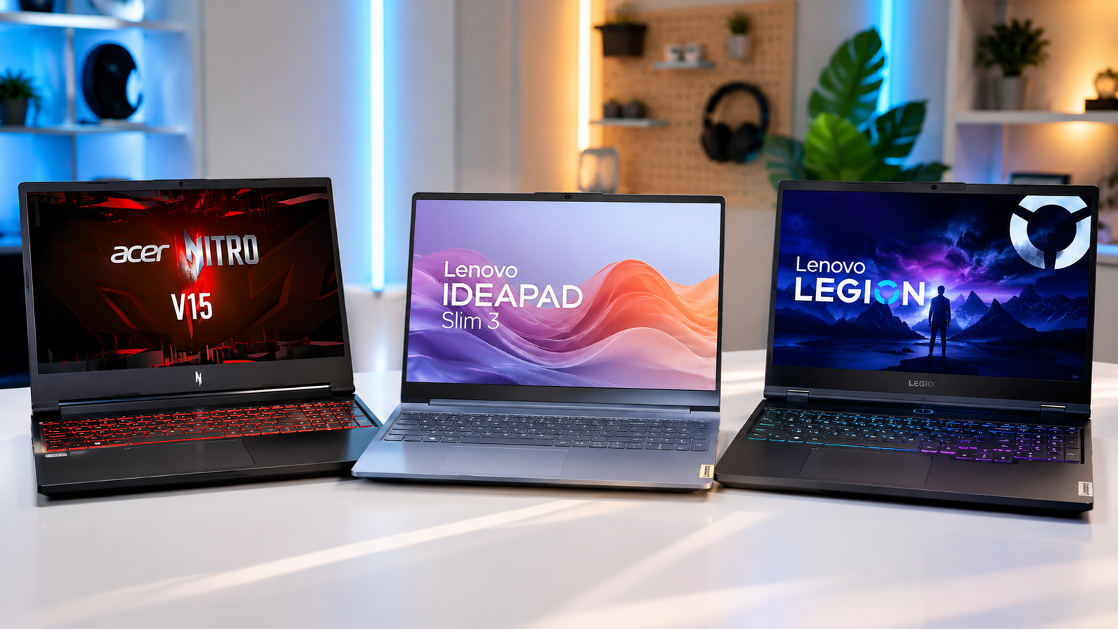 Comparativo entre os notebooks Acer Nitro V15, Lenovo IdeaPad Slim 3 e Lenovo Legion 5 em cenário tecnológico iluminado, destacando o design e os modelos para guia de compra de 2026.