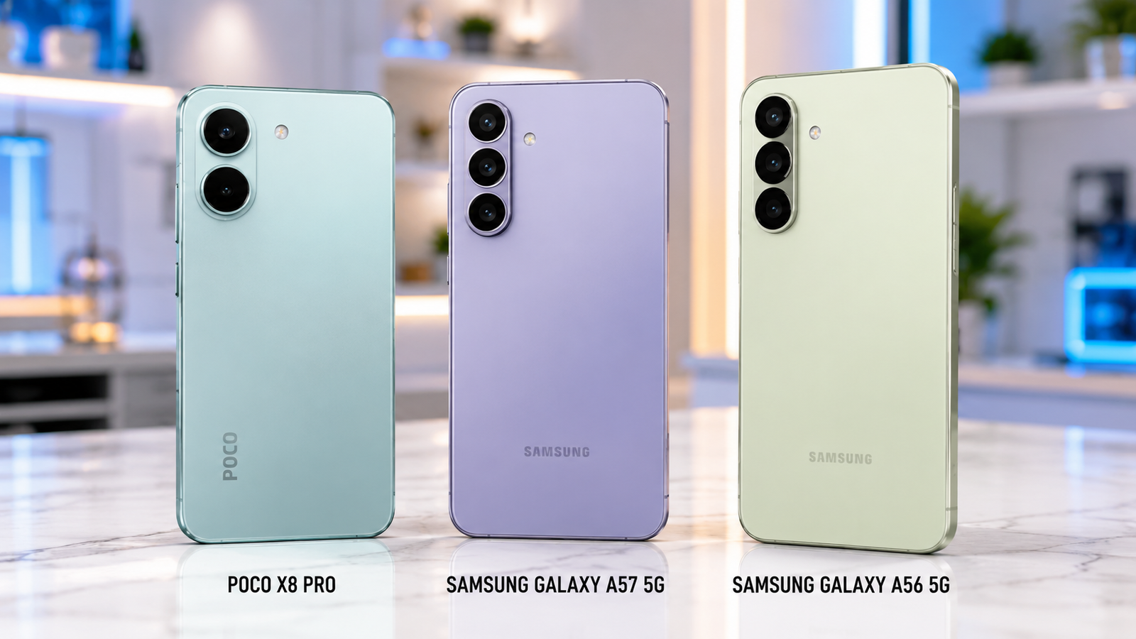 Comparativo entre os smartphones POCO X8 Pro, Samsung Galaxy A57 5G e Samsung Galaxy A56 5G em miniatura cinematográfica com fundo claro, destacando o design premium, módulos de câmera e acabamento dos aparelhos para guia de compra e reviews de celulares em 2026.