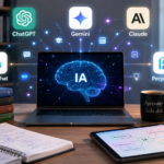 Mesa de estudos futurista com notebook, tablet e elementos holográficos de inteligência artificial em ambiente moderno, representando as melhores IAs para estudar em 2026.