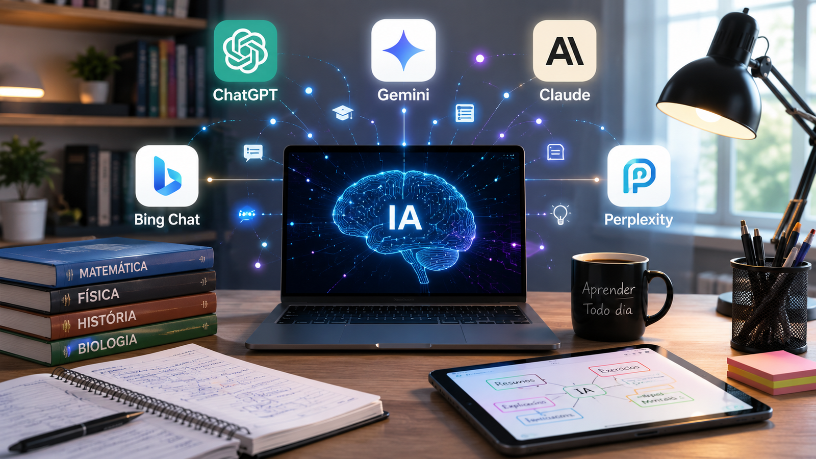 Mesa de estudos futurista com notebook, tablet e elementos holográficos de inteligência artificial em ambiente moderno, representando as melhores IAs para estudar em 2026.