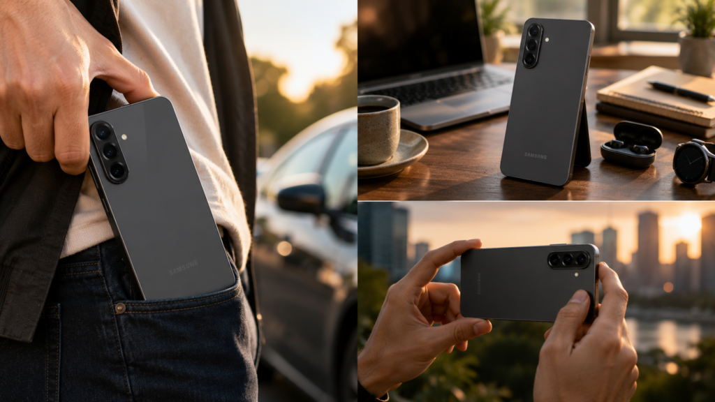 Samsung Galaxy A56 Vale a Pena em 2026? 6 A imagem traz três cenas de uso cotidiano do Galaxy A56 com visual cinematográfico, destacando o aparelho em ambientes modernos e sem mostrar o rosto.